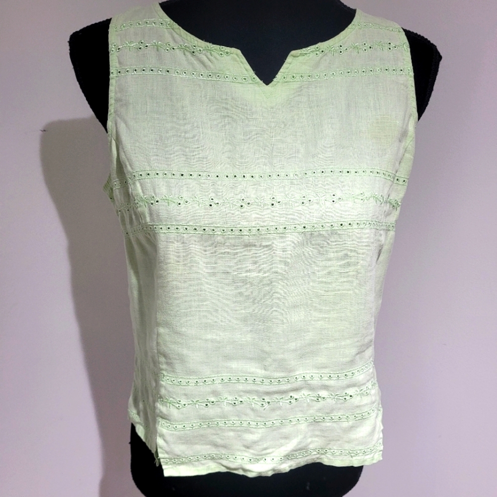 Malcolm & Co Women's Vintage Linen Eyelet Sleeveless Blouse Small Petite Green